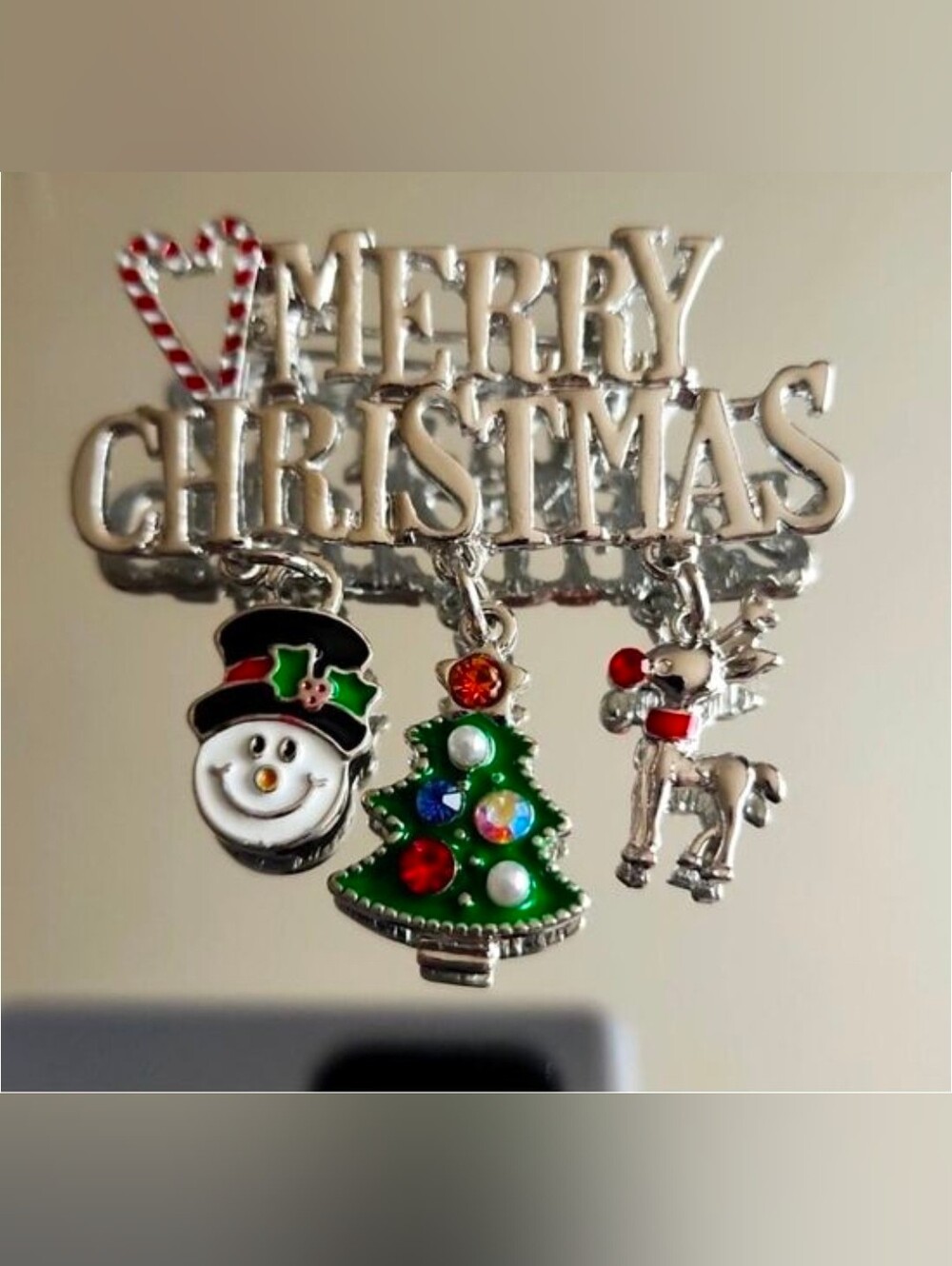 RED Green Silver Enamel and Rhinestone Christmas  Brooch